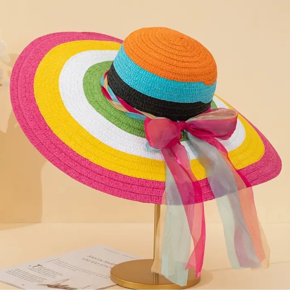 Colorful Wide Brim Hat with Ribbon